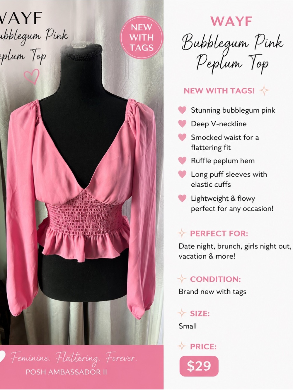 Wayf Bubblegum Pink Smocked Peplum Blouse